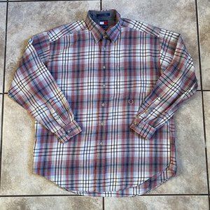 Tommy Hilfiger Logo Shirt Men Large Multicolor Plaid Long Sleeve Button Down